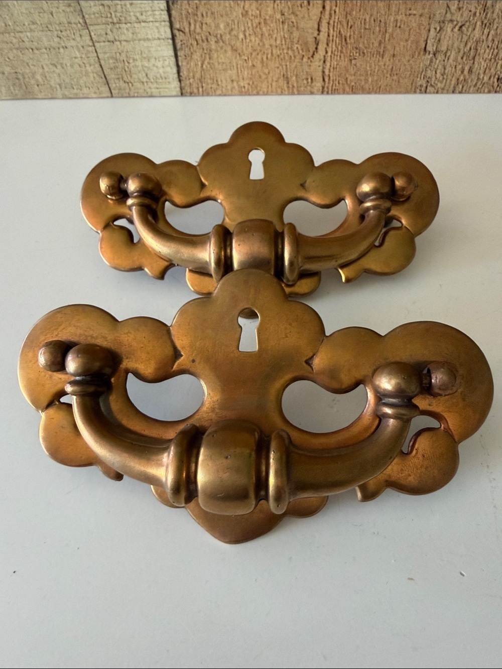Antique-Style Keeler Brass Co Drawer Pulls in Warm Brass Finish Keyhole Set of 2